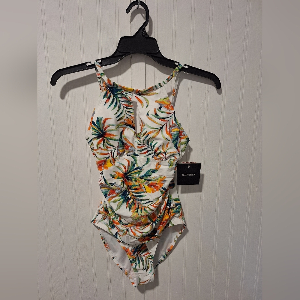 Ellen Tracy Palm Print Halter One Piece | Tummy Control | NWT